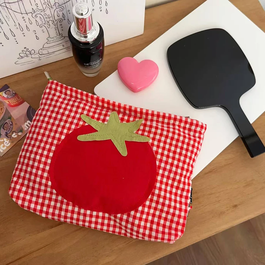 ute red Checkered Tomato Cosmetic Bag Large Capacity Portable Handheld Wash Bag Simple Versatile Makeup Storage Bag image 6