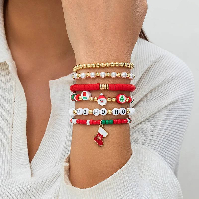 Multi-piece Christmas Series Snowflake Tree Pendant Beaded Bracelets Set Women Adjustable Bangles Xmas New Year Gift