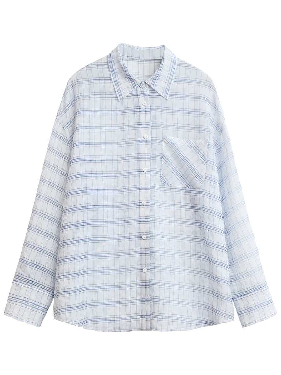 شيك فين قميص نسائي بأكمام طويلة فضفاض غير رسمي جديد منقوش معطف شفاف قليلا خفيف الوزن فتاة بلايز ربيع الخريف 2025 #5