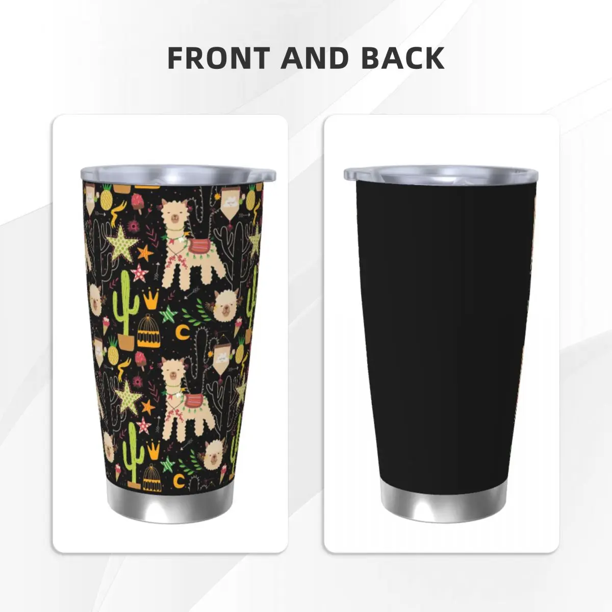 Cute Cactus Alpaca Pattern Stainless Steel Tumbler Vacuum Insulated Mugs Thermal Cold Cups Straws With Lid 20oz