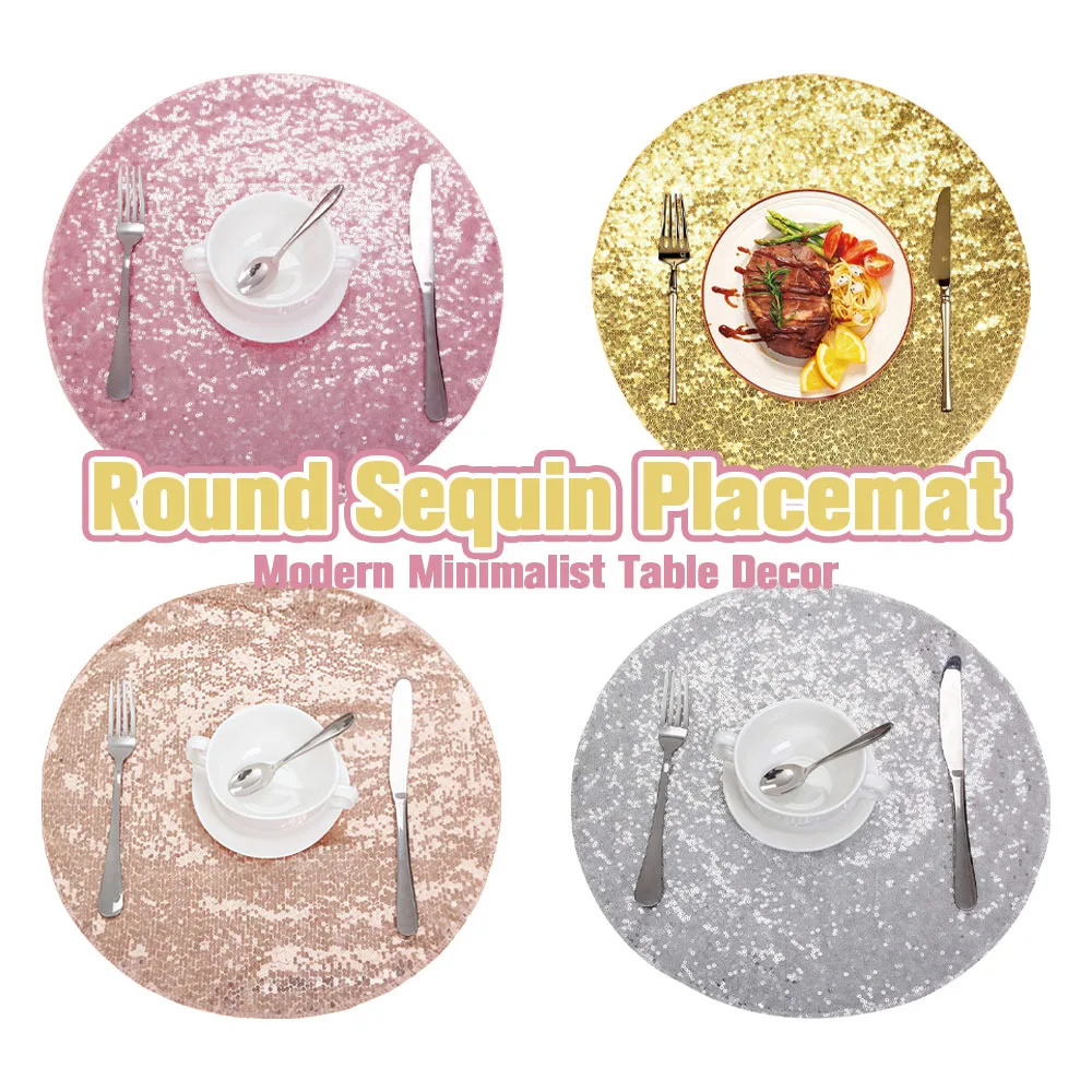 

6pcs Round Non-Slip Placemat Shiny Table Mat Coffee Coaster Kitchen Tableware Table Decor for Party Wedding Holiday Dining