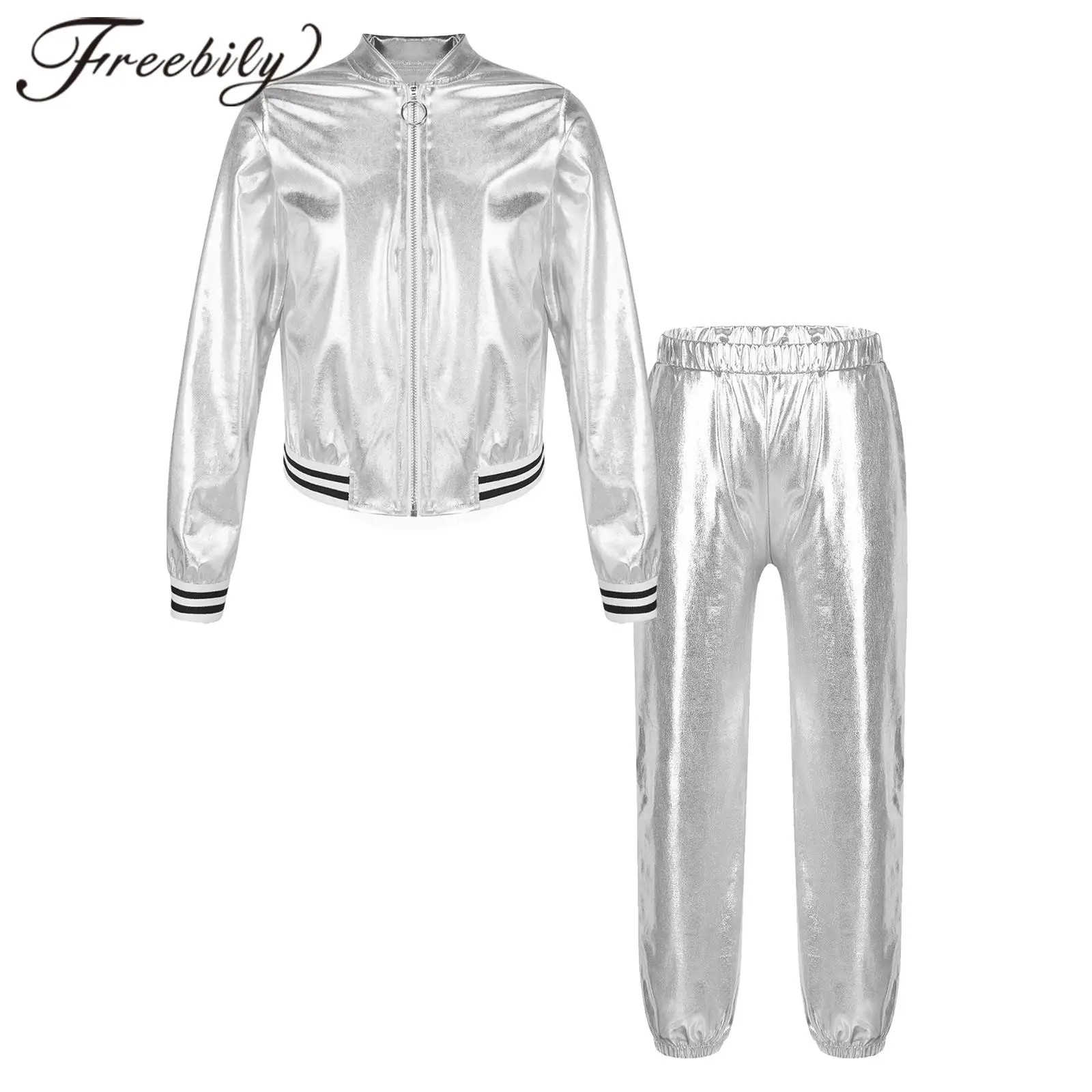 Kids Girls Glossy Metallic Jazz Dance Outfit Zipper Jacket +Pants Set for Dancing Performance Costume Children Hip Hop Clothes