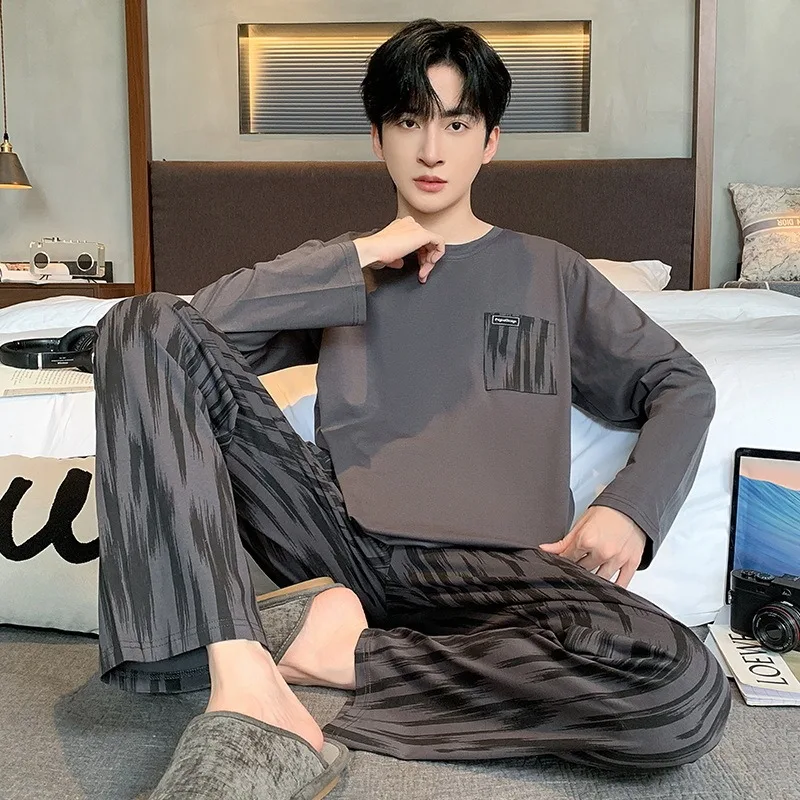 INS Korean High-Grade Simple Long sleeve Trousers Spring and Autumn Pajamas Men Simple Comfortable Home Wear Set pyjama homme