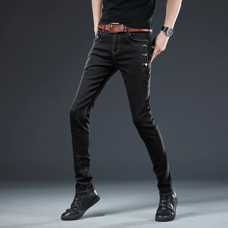 بنطلون جينز ضيق أحادي اللون للرجال ، بنطلون جينز متعدد الأزرار للشباب ، كلاسيكي وعتيق ، أسود ورمادية اللون ، موضة كورية ، تمدد ، جديد ، #4