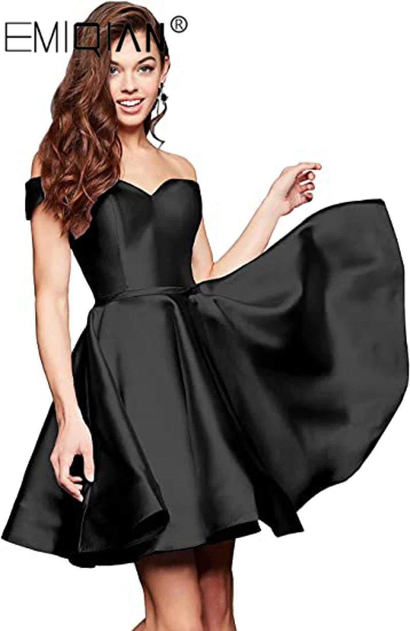 Women\'s Short Homecoming Dresses for Teens with Pockets Off Shoulder Satin Cocktail Party Gowns