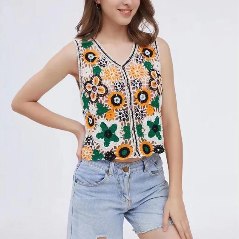 Boring Honey Retro National Style Beaded Crocheted Blouse  Flower V-Neck Top Women Summer Hollow Thin Single-Breasted Cardigan