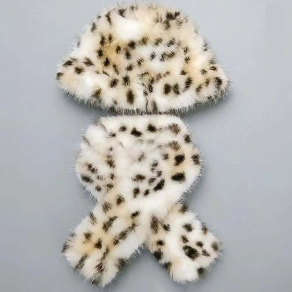 Thick Warm Faux Fur Hat Cozy Skin Friendly Luxury Thermal Spotted Bucket Cap Washable Soft Fluffy Leopard Scarf Street Styling