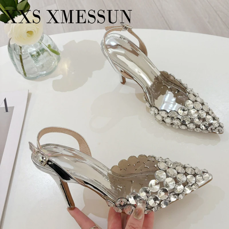 

Новые женские туфли-лодочки XMESSUN с острым носком, прозрачные, с кристаллами, на тонком каблуке, для вечеринок, из ПВХ, Zapatos De Mujer