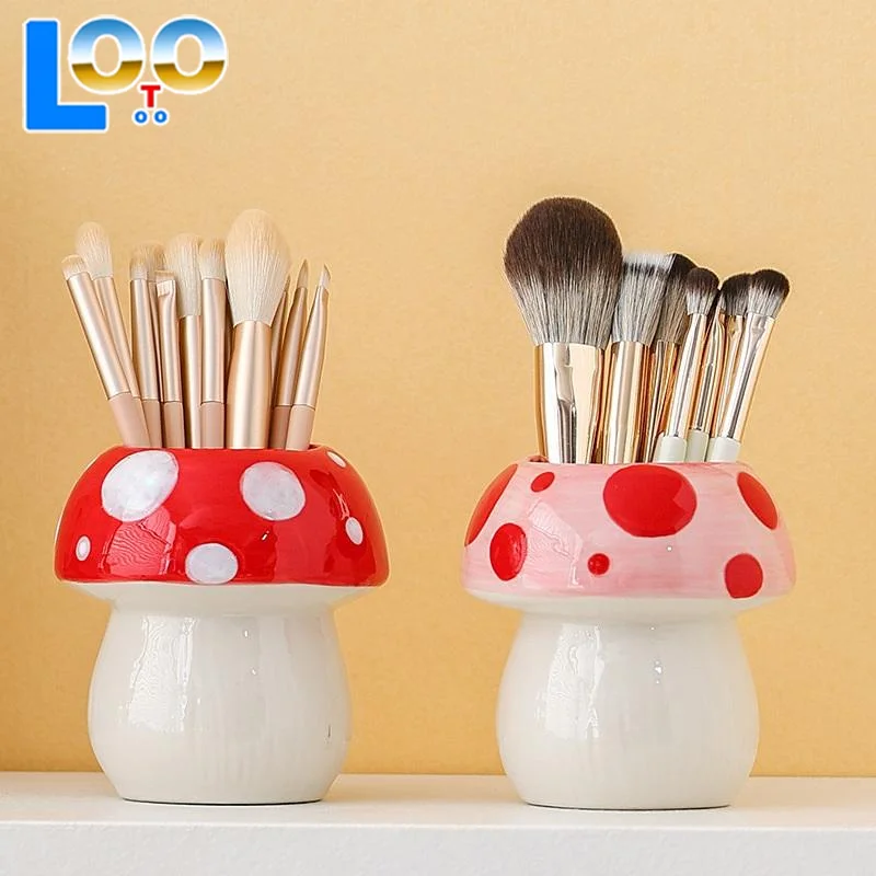 Seri Wadah Pena Keramik Bentuk Jamur yang Lucu, Cocok untuk Wadah Kuas Rias, Perlengkapan Kantor, Dekorasi Meja Kerja yang Kreatif