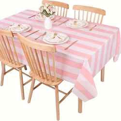 Pink and White Vertical Striped Plastic Tablecloth,Perfect for Birthday Parties, Picnics, Indoor/Outdoor Decorations