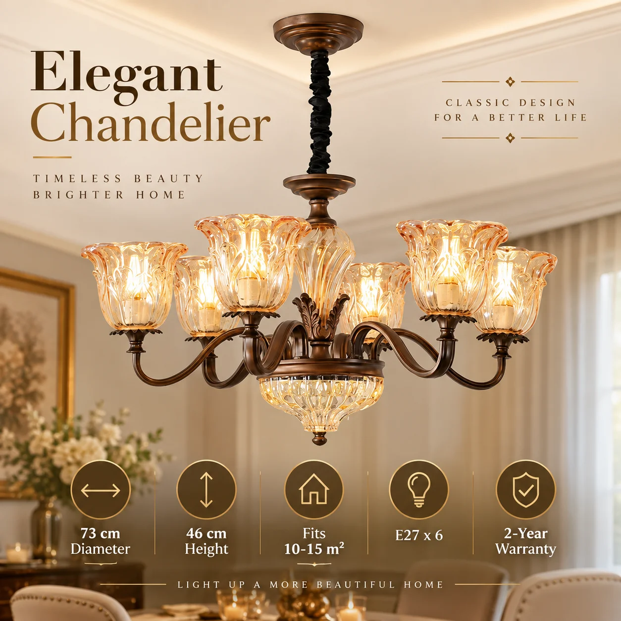 Vintage 6-Light Chandelier Rust Metal Frame Amber Embossed Glass Shade Pendant Light for Living Room Dining Room Home Decor
