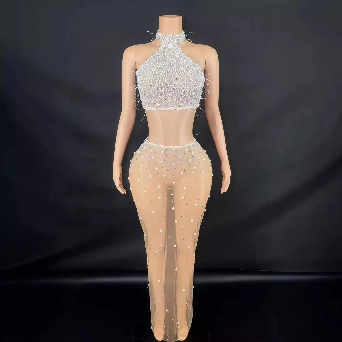 

Adult ceremony evening dress See Through Prom Gowns Sexy Stage Costumes Rhinestone Evening Dress Women Wedding Party Dress