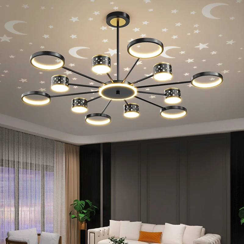 

Novelty LED Chandelier Remote Control Dimming Beautiful Ceiling Starry Sky For Living Room Restaurant Bedroom Gold Black Metal