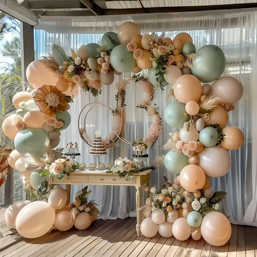 Pink and Dusty Green Balloons 50Pcs 12 Inch Brown Nude Boho White Balloons with Ribbon for Girls Women Birthday Bridal Shower W