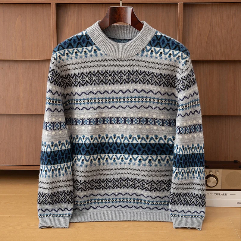 Autumn Winter 100% Pure Wool Men's Half-High-Necked Pullover Knitted Fashion Thickened Bottoming Shirt Jacquard Cashmere Sweater
