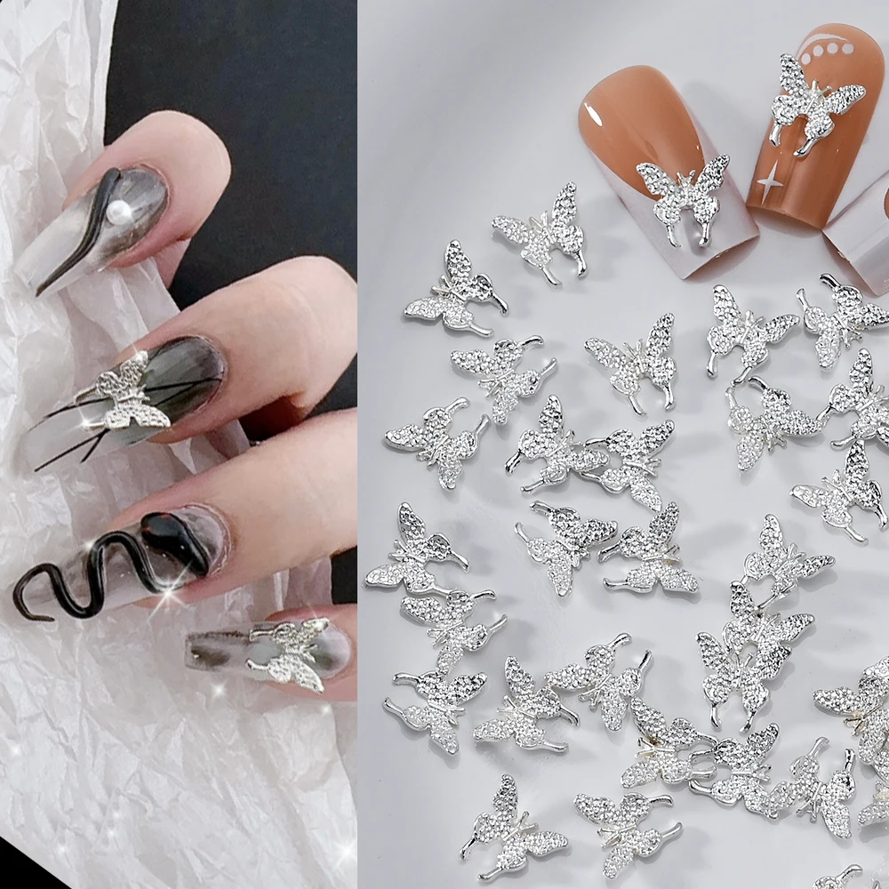 50Pcs 3D 실버 나비 네일 아트 매력 반짝이 다이아몬드 날개 나비 라인 석 DIY 럭셔리 매니큐어 장식 용품