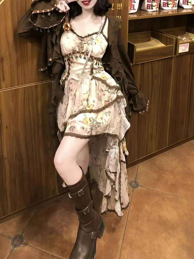 

Harajuku 2022, готический винтажный новый кардиган, пальто для женщин + осенняя мода, милые нерегулярные платья-бретельки, комплекты из двух предметов