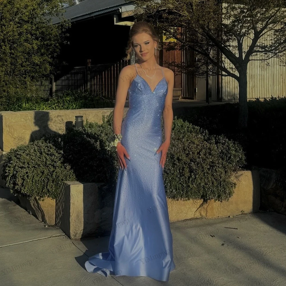 فستان حفلة موسيقية أزرق لامع أشرطة سباغيتي حورية البحر على شكل حرف v بدون ظهر مثير لحفلات الزفاف فساتين الضيوف vestidos de fiesta Elegante حسب الطلب #1