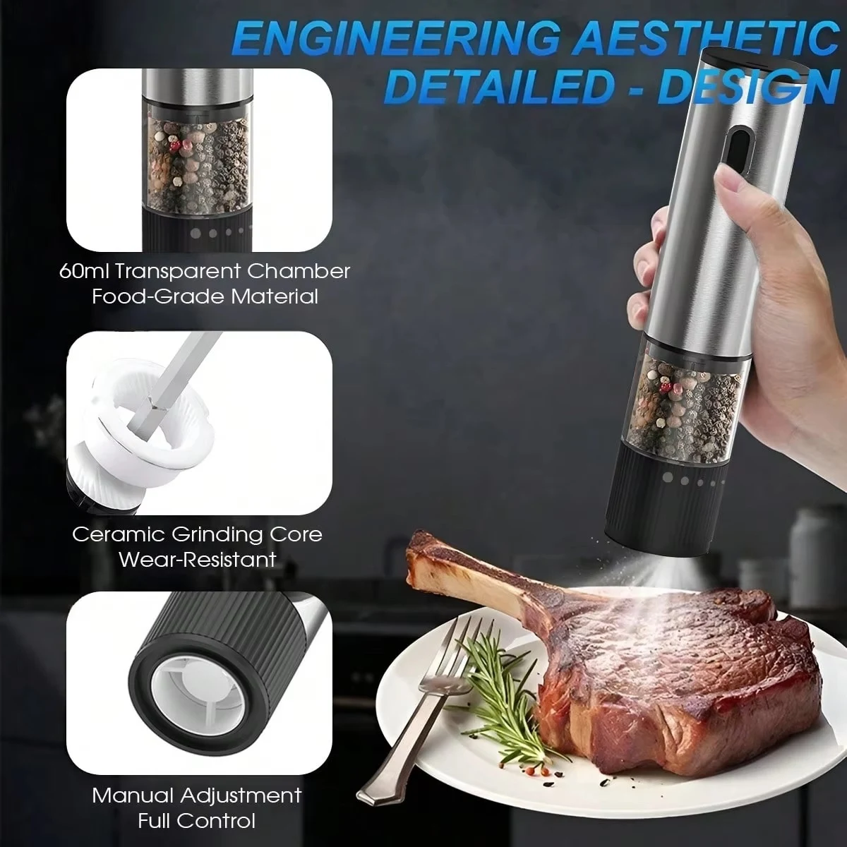 Rechargeable Salt and Pepper Grinder Adjustable Automatic Electric Mill Stainless Steel Lithium Battery for Kitchen BBQ Outdoor