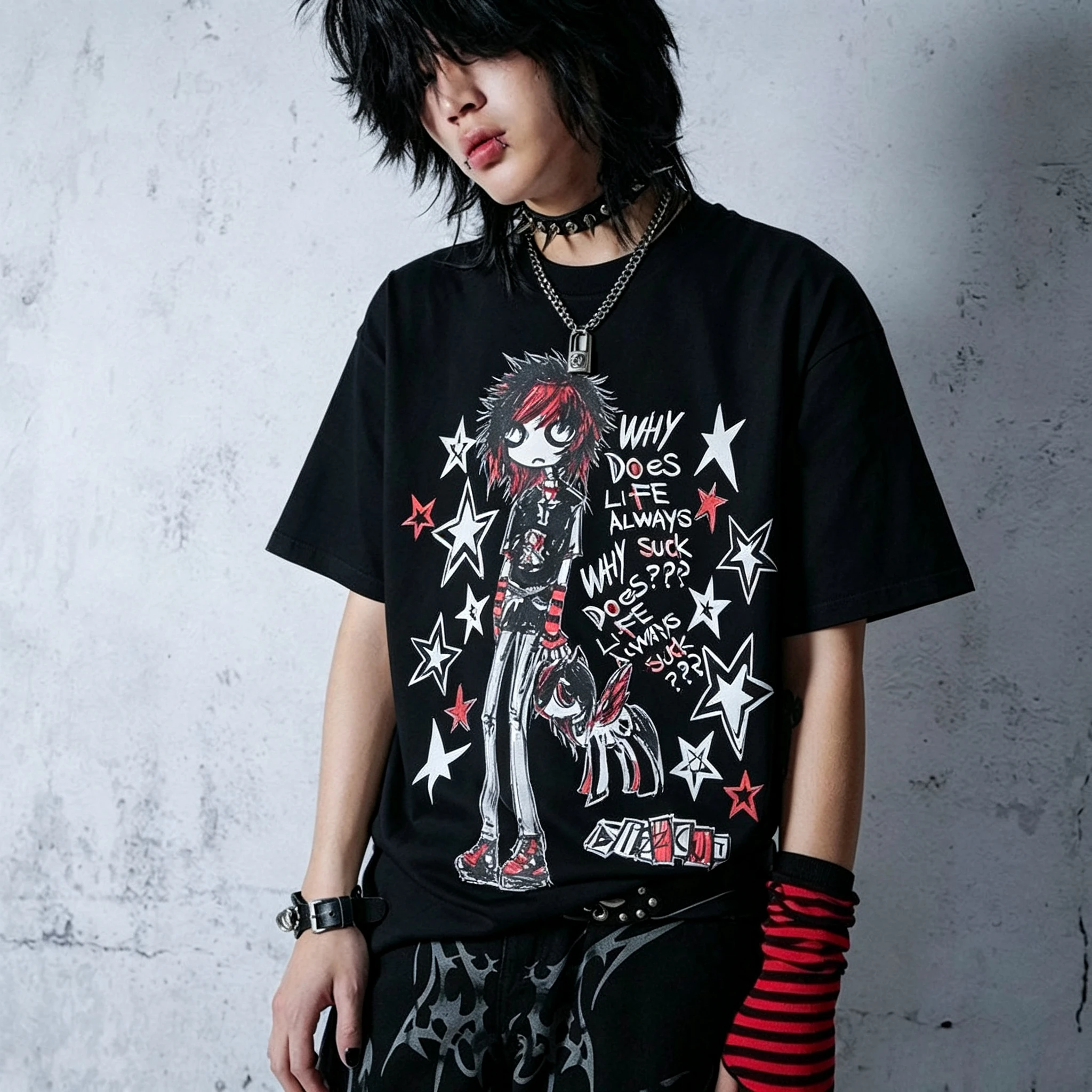Y2K Emo Punk Cartoon Girl Graphic T Shirt Red Black Star Slogan Text Hand Drawn Grunge Print Summer Unisex Cotton Tee Tops