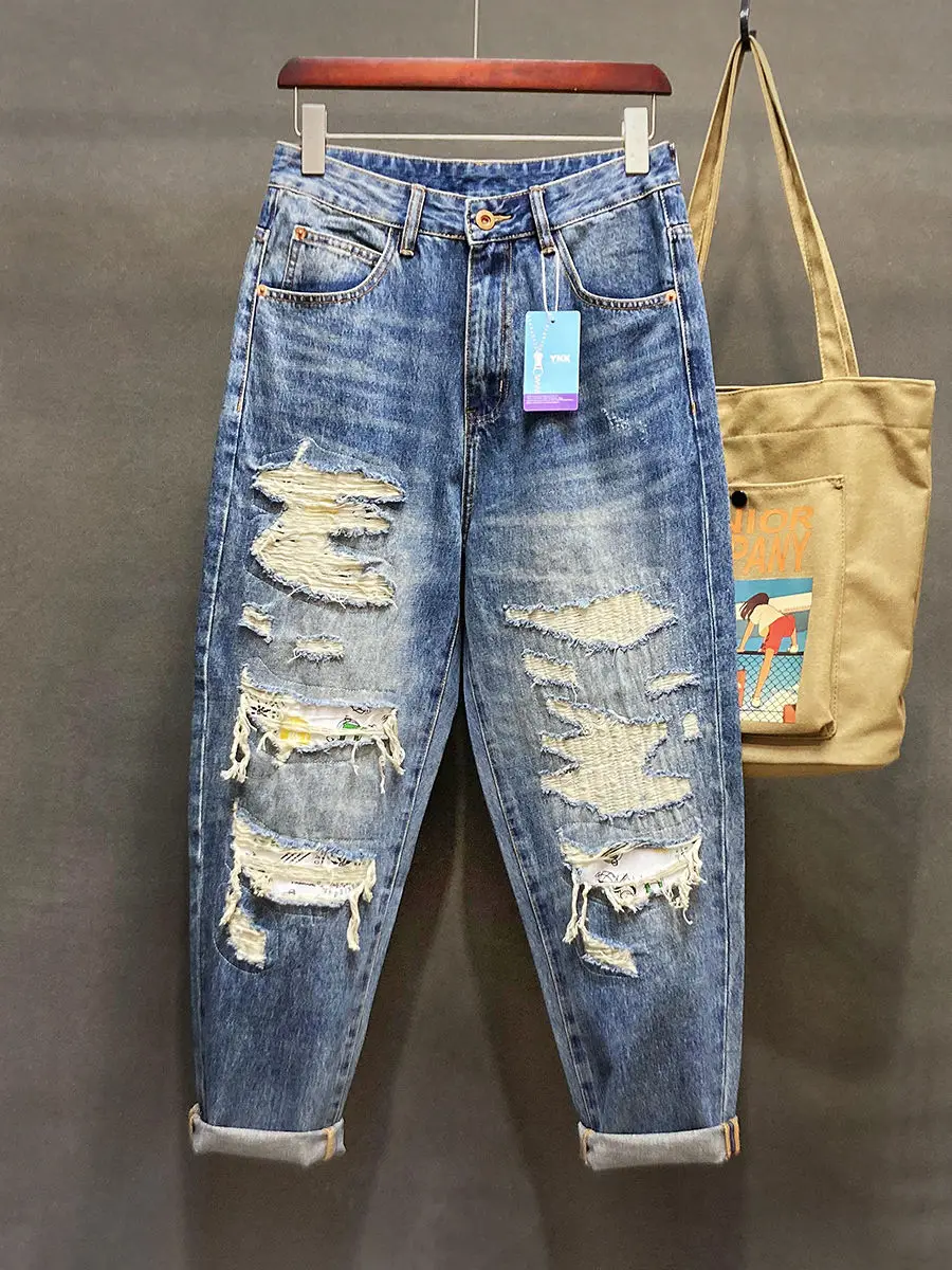 High Street Fashion Gebroken Gat Jeans Heren Geschraapte Patches Losse Rechte Pijpen Wijde Pijpen Street Bedelaar Casual Broek Mannen