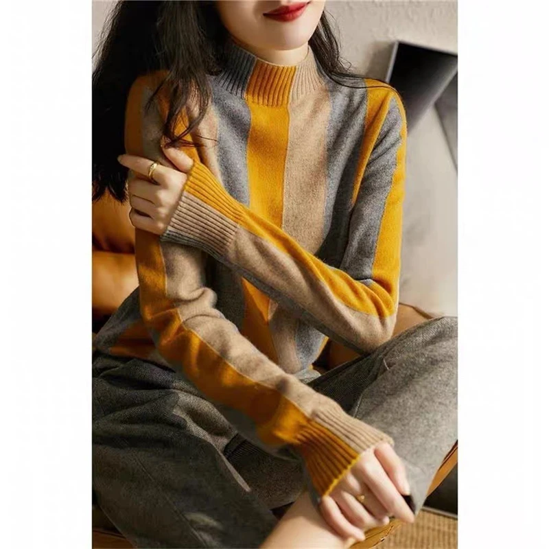 Women Autumn Trendy Striped Half High Collar Knitwear Casual Long Sleeve Slim Knitted Sweater Pullover Jumper Elegant Ropa Mujer