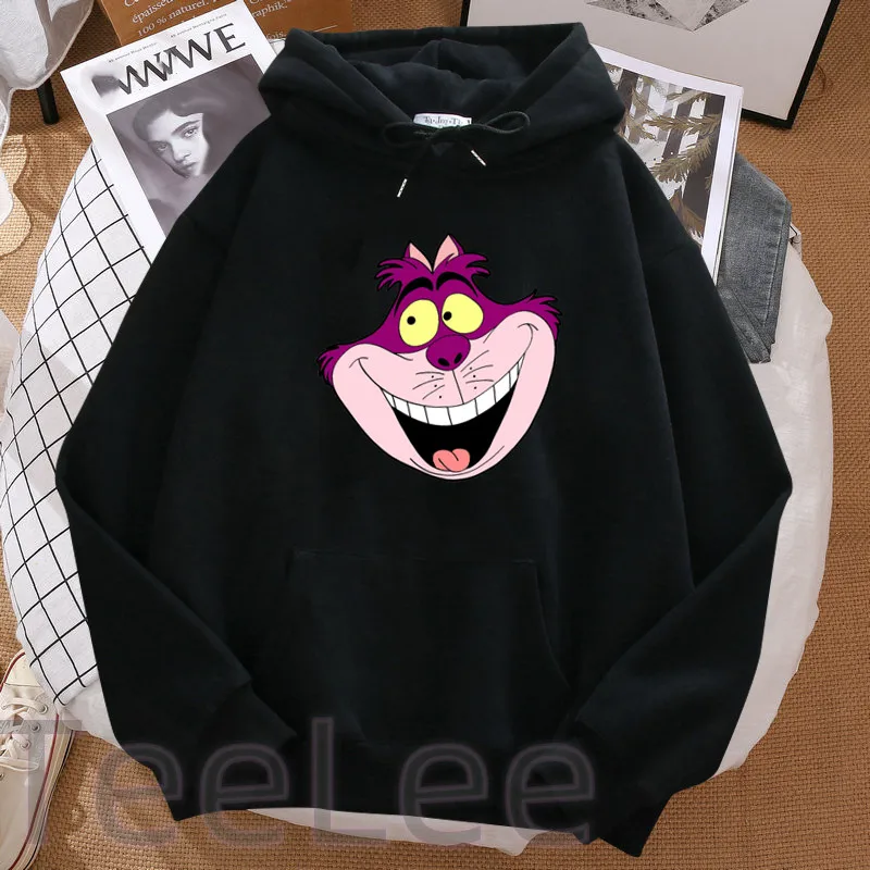 Manga Womens The Cheshire Cat Hoodie Printed Black Cute Cartoon Hooded Hodies Long Sleeve Winter Casual Sweatshirt Clothing