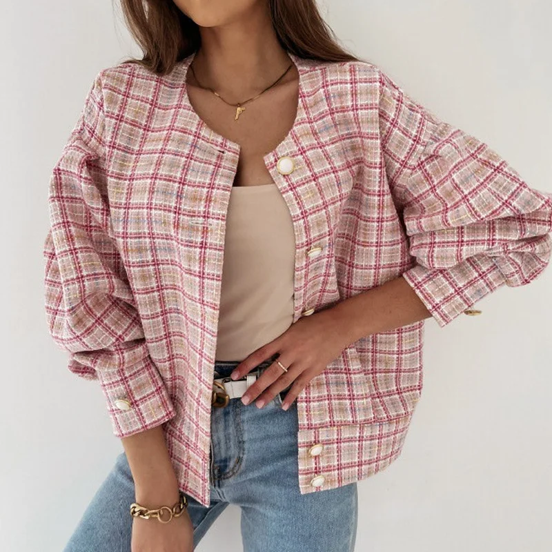 

2024 New Temperament Autumn and Winter Long-sleeved Round Neck Plaid Fashion Commuter Women's Short Jacket Jacket Female Trend