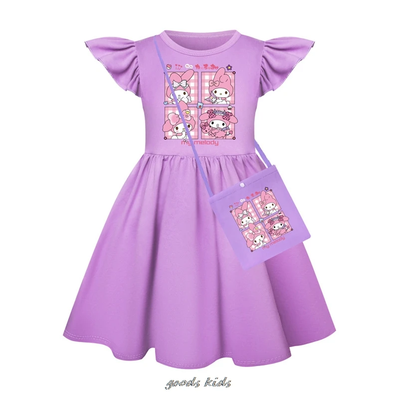 Lovely Kuromi Melody Baby Girls Dresses Kids Clothes Cosplay Costume Children's Summer Fly Sleeve Casual Dress +Small Bag