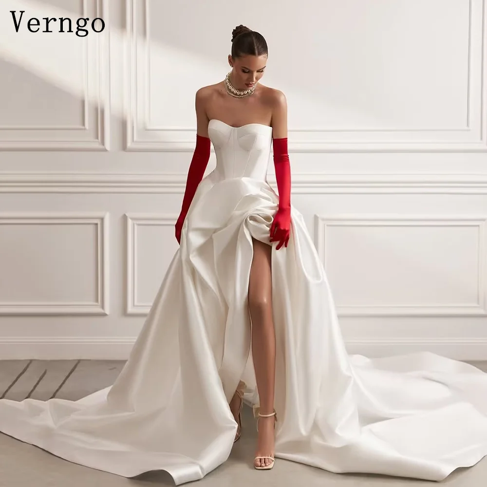 

Verngo lvory Satin Bridal Gowns Sweetheart A Line Ball Bride Gowns Side Slit Sweap Train Classic Bridal Dresses Customized