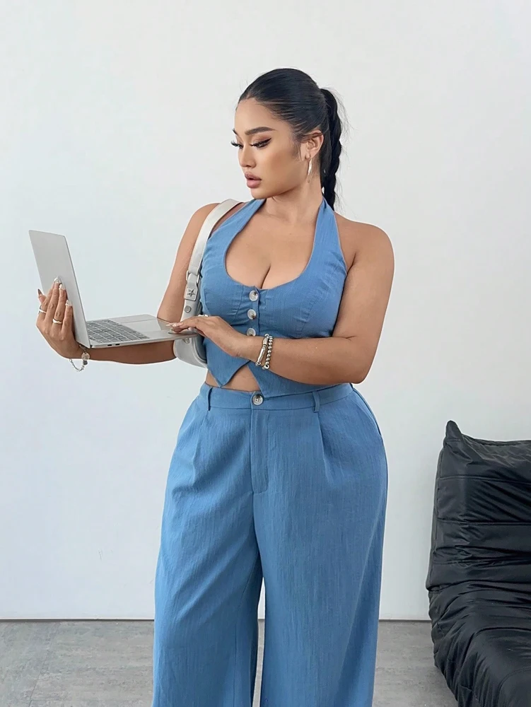 بالإضافة إلى حجم المرأة بروتيل تانك التعادل الرقبة والسراويل المستقيمة عارضة قطعتين مجموعة لون نقي أسلوب بسيط