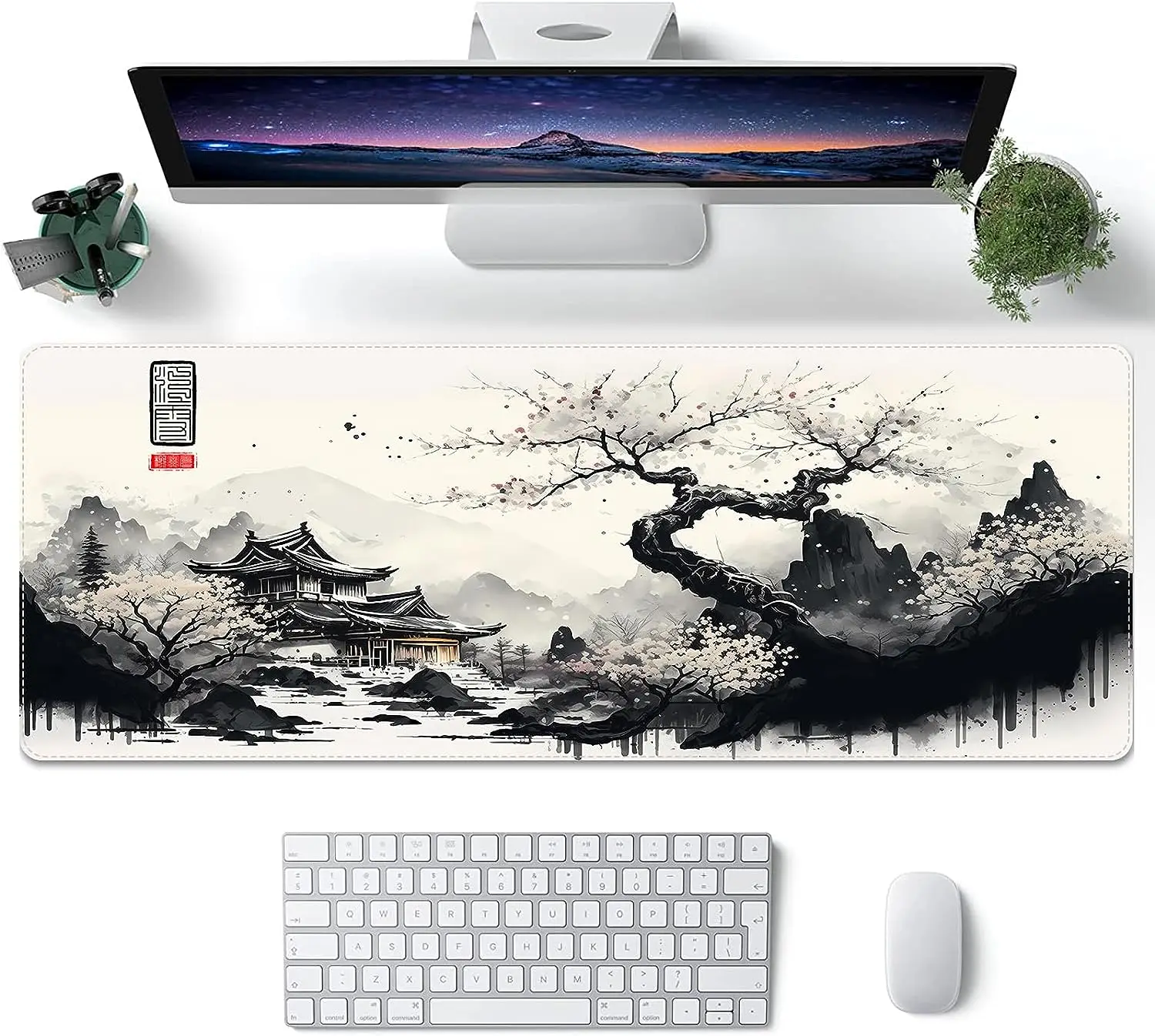 Asiatische Tinte Malerei Gaming Mauspad rutsch feste Gummi Mauspad mit genähten Kanten wasserdichte Maus matte für Büro 31.5 "x 11.8"