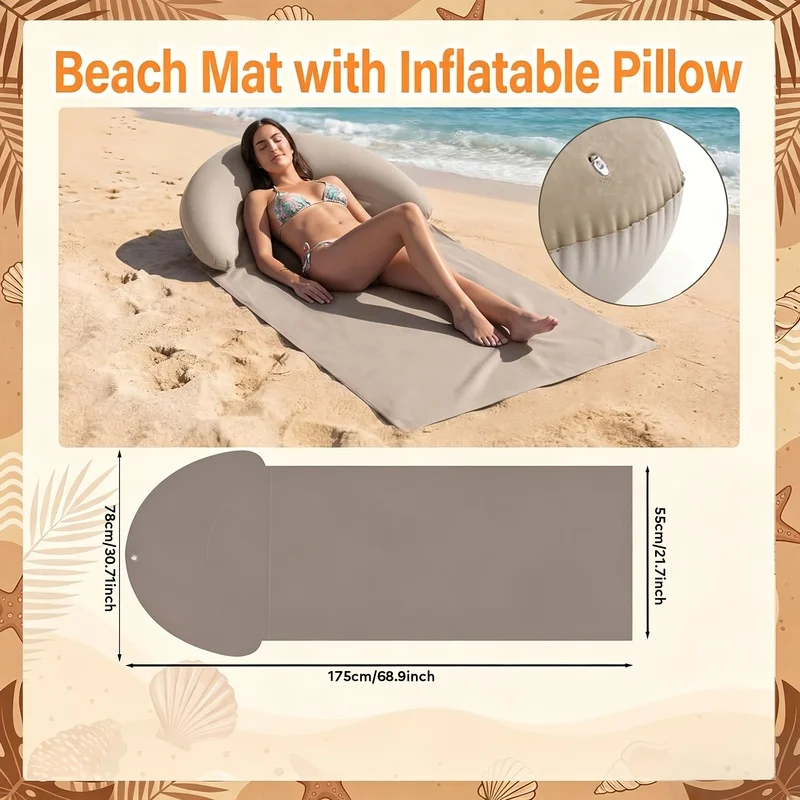 Portable Inflatable Beach Mat Grey Flocked Outdoor Pad with Pillow Comfortable Lounger, Integrated Head Support Camping mat