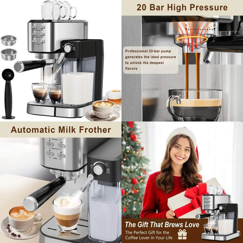 

6-in-1 Espresso Machine with Automatic Milk Frother, Compact for Home and Office, Stainless Steel, Ideal for Cappuccino and Latt