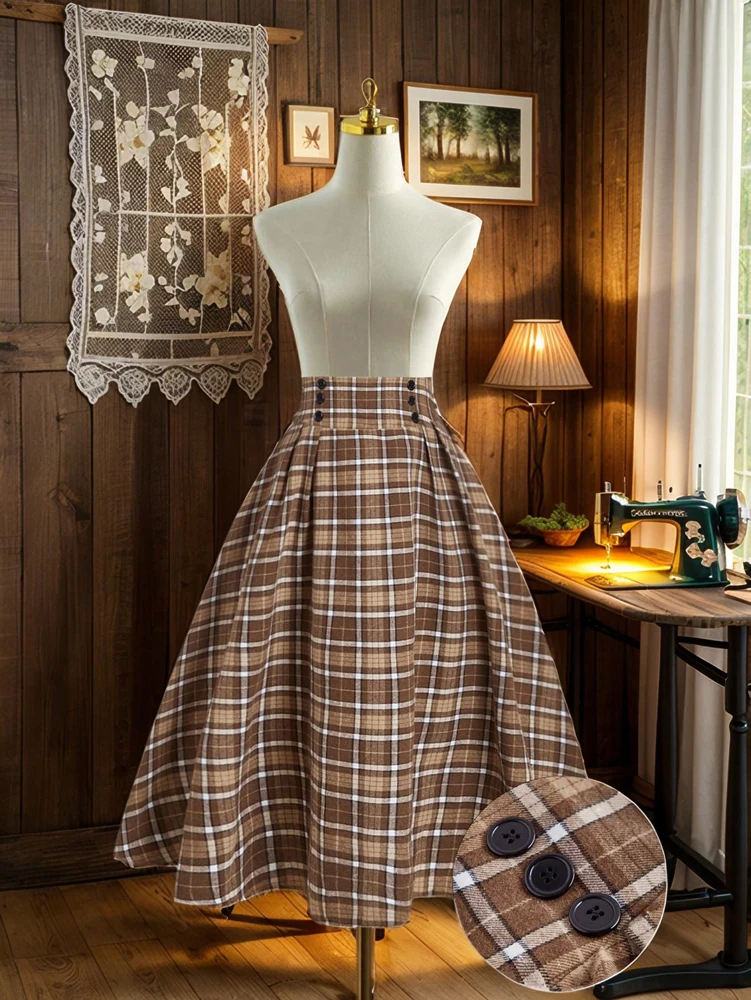 Ladies' Casual Elegant Tartan Vintage Skirt Loose Hem Suitable for All Seasons Versatile for Evening Events, Dates, and Everyday