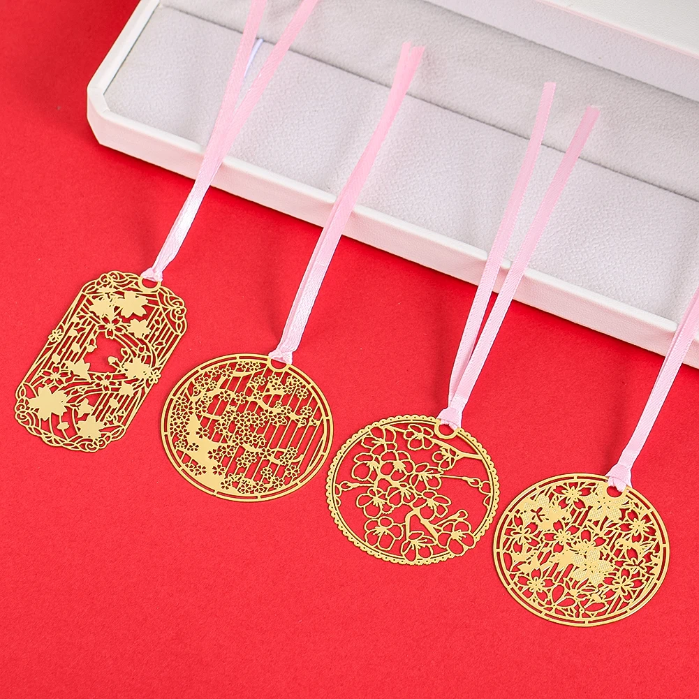 4pcs Metal Applique Bookmark Exquisite Hollow Carved Flowers Book Reading Progress Location Marker Mascot Decorative Paper Props