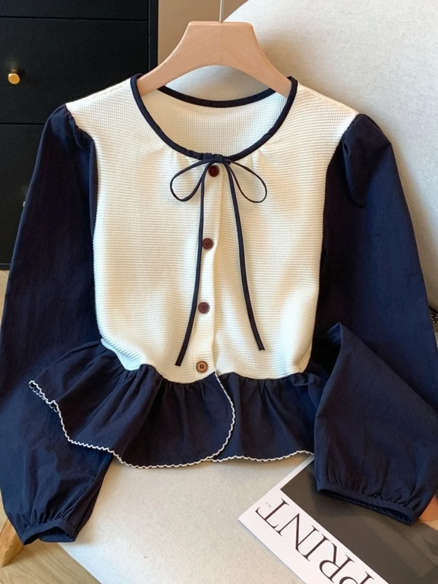 Damen ort Svel Collared Irt Cotton Blend Elastic Fabric Long Sve Tie Waist Color Blo Design Early Autumn Top