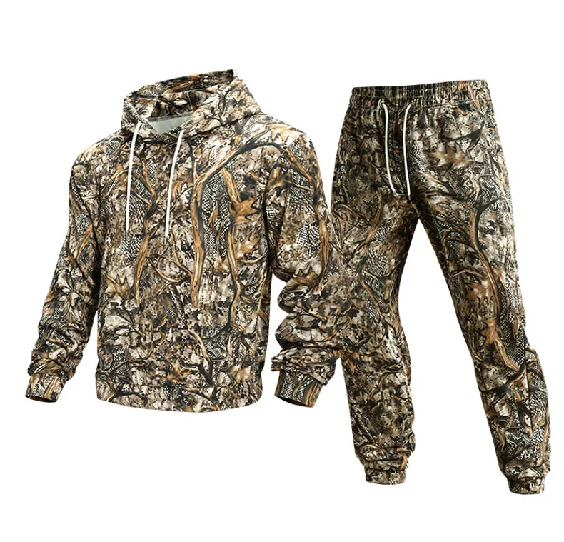 Men Brown Tree Camo Hooded Tracksuit Regular Fit Soft Fleece Fabric Casual Sweatshirt And Pants Set For Men All Seasons