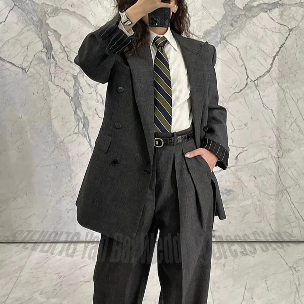 Dark Grey Women's Suit Classic Style Peak Lapel Front Double Breasted Business Interview Office Lady Blazers and Pant Sets