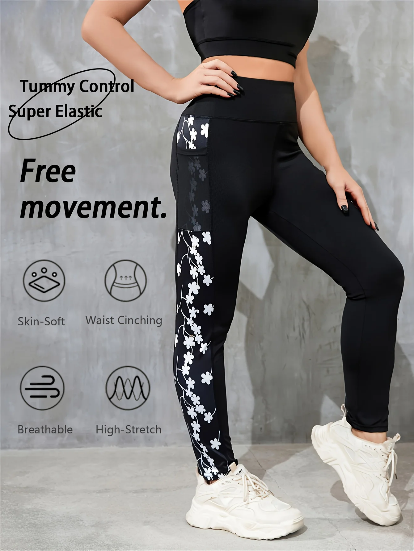 Yoga-Hose mit seitlichem Blumendruck und Seitentaschen, hohe Taille, Bauchkontrolle, Push-Up-Leggings für Damen, Fitnessstudio, Laufkleidung