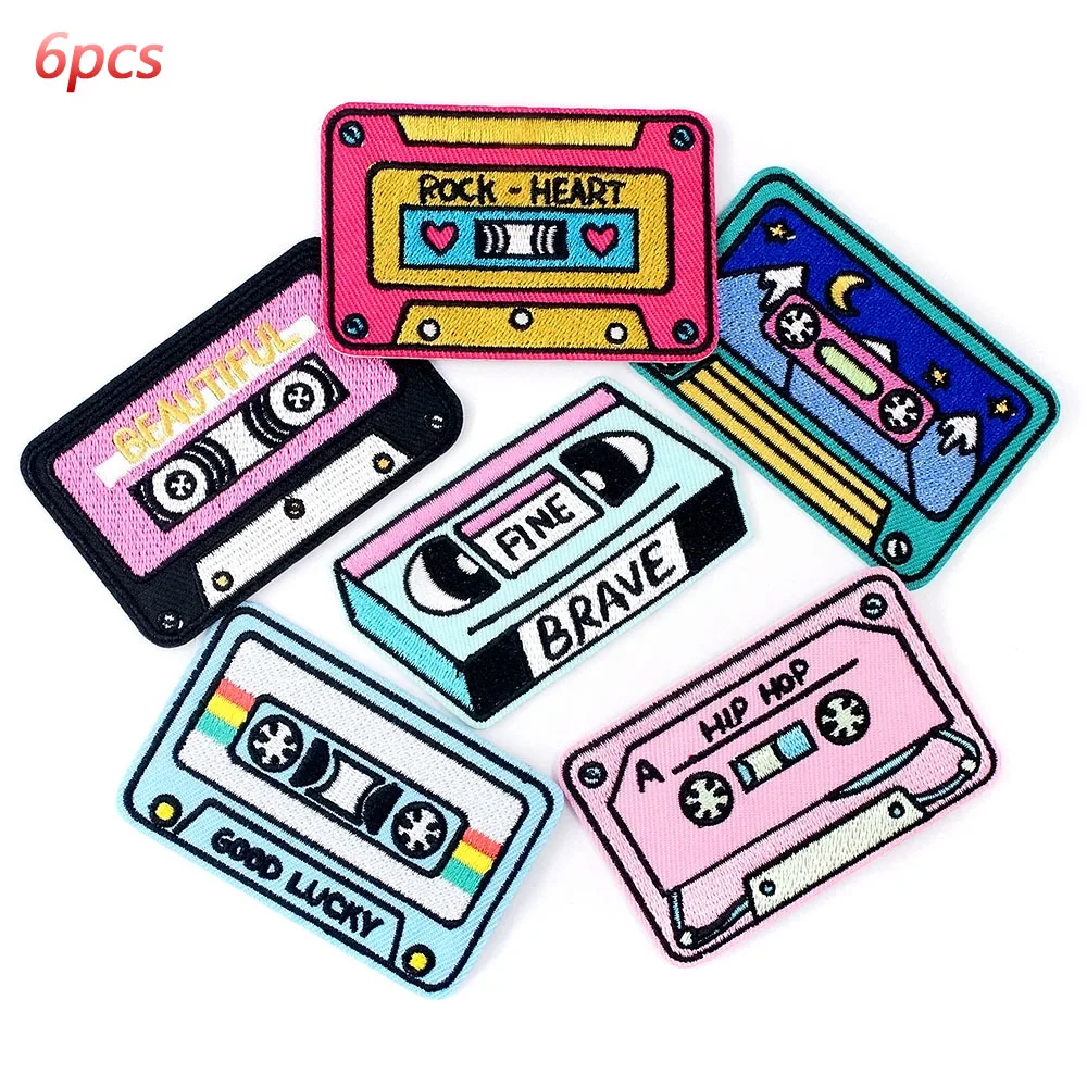 6Pcs/Lot HIP HOP ROCK-HEART Cassette Tape Decoration Patches Embroidery Applique Ironing Clothing Supplies Decorative Patch