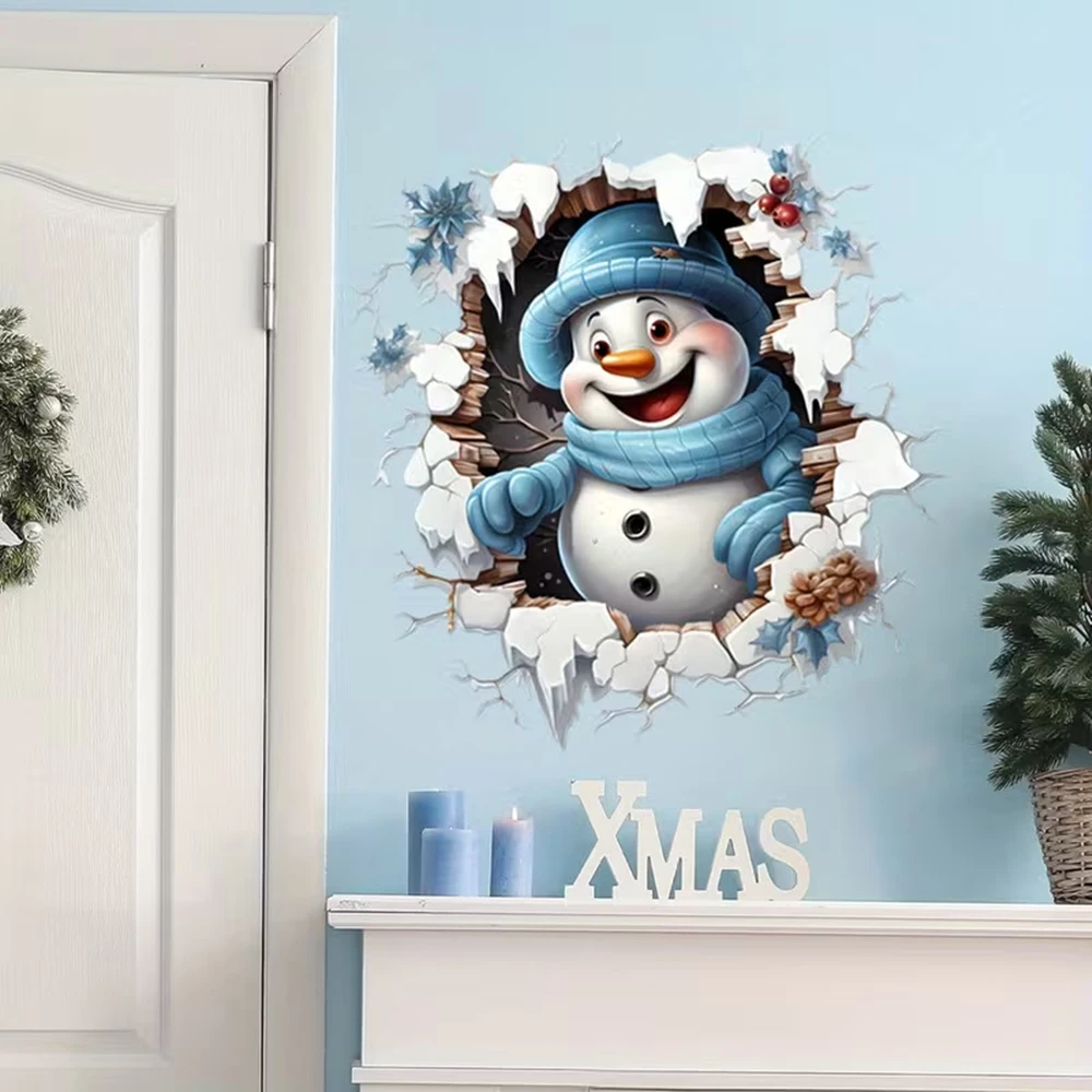 Christmas 3D Broken Hole Snowman Wall Stickers Removable Vinyl Decal Xmas DIY Decor for Door Toilet Cabinet Winter Home Ornament