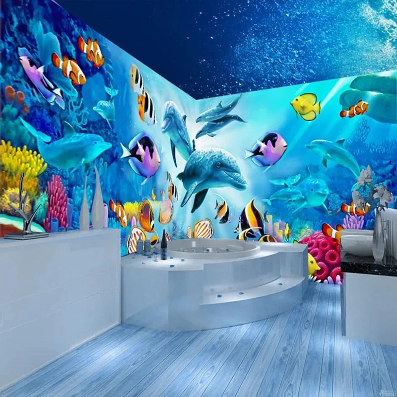 Papel tapiz Mural de PVC autoadhesivo personalizado, pegatina de pared de pez delfín de dibujos animados 3D, impermeable, para baño e inodoro
