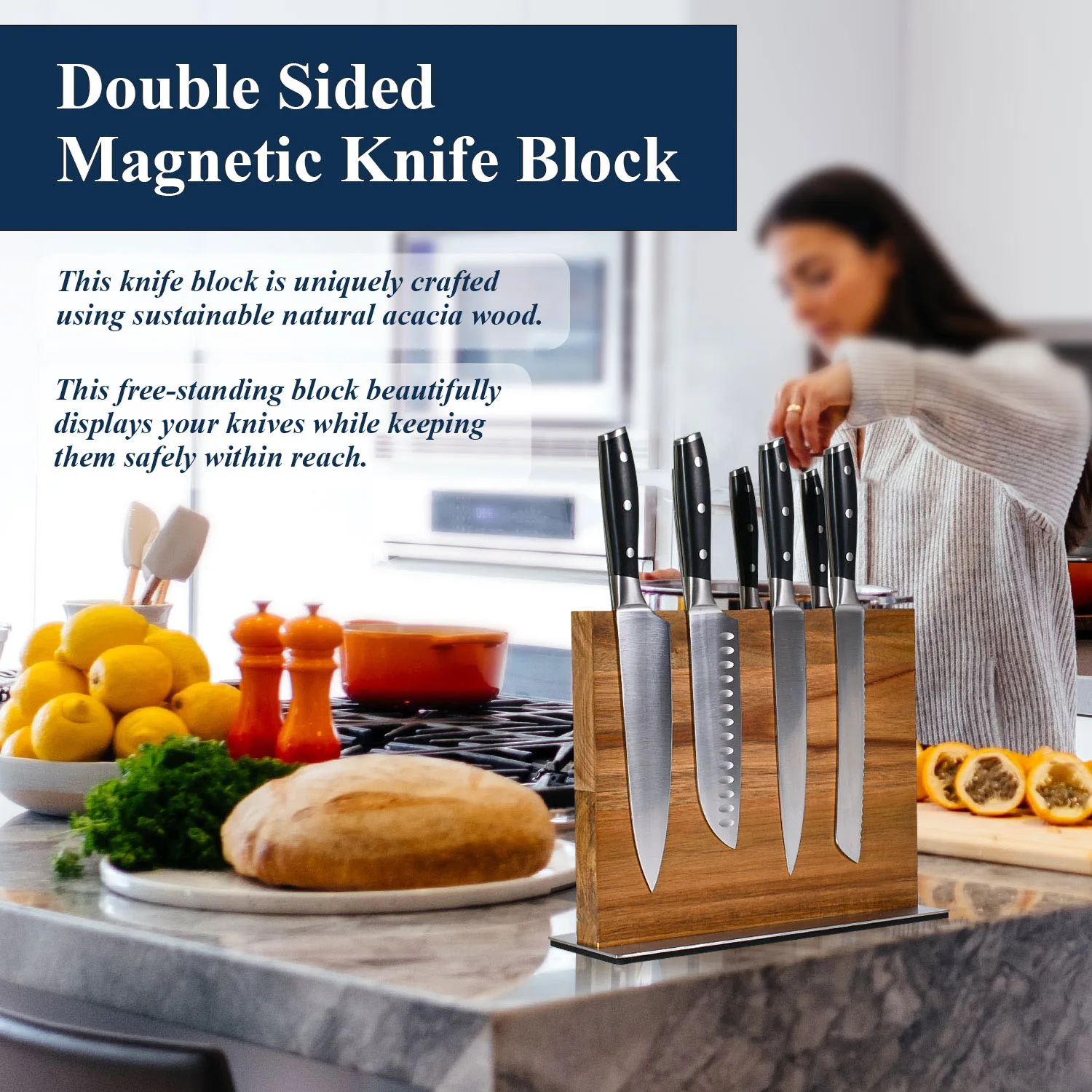 High Quality Magnetic Knife Block Powerful Double-Sided Acacia Wood Magnetic Knife Holder for Easy-Access Kitchen Knife Storage view 3
