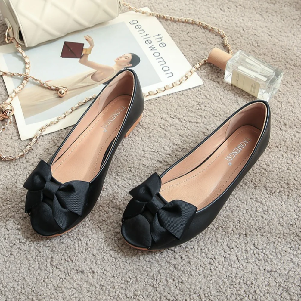 Flat Bottomed Pumps for Women's 2026 Summer  Exterior Soft Leather Fish Mouth Leather Shoes Butterfly Knot Womens Shoes