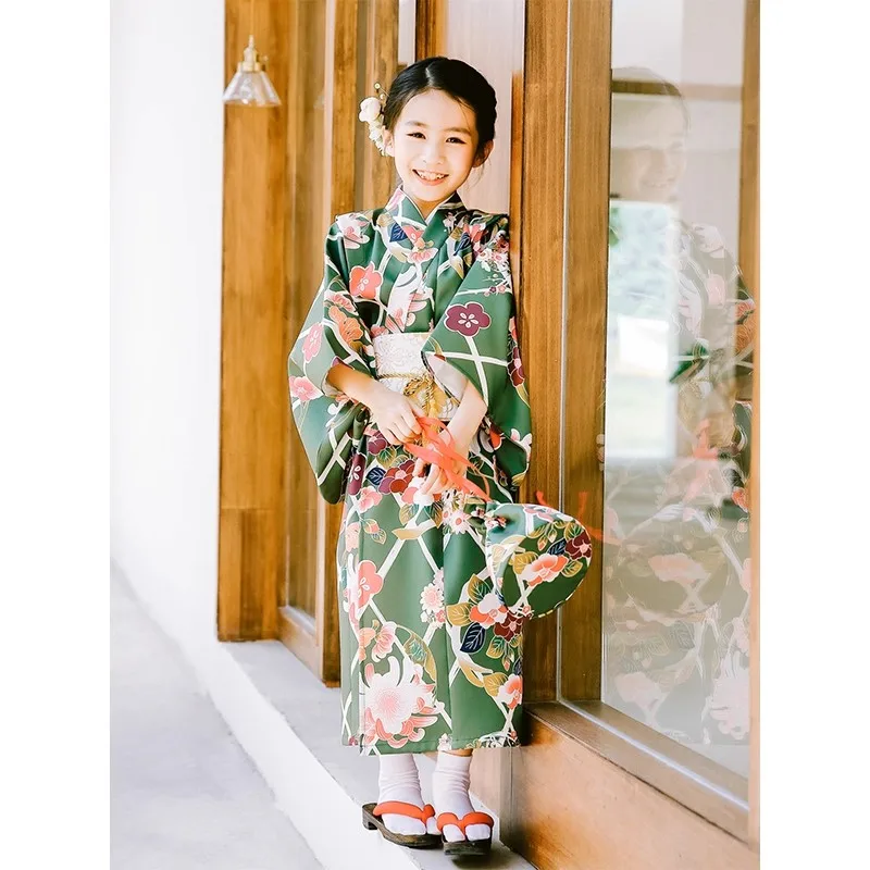 

Girls Japanese Style Kimono Green Color Floral Prints Modernized Yukata for Kids Halloween Cosplay Costume Performing Dress