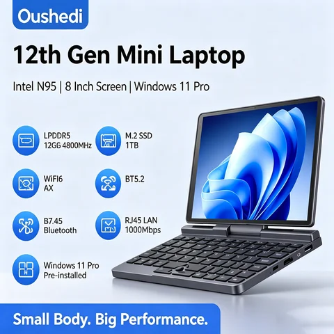 Oushedi 12th Gen Mini Laptop Intel N95 Quad Core 8 Inch Screen LPDDR5 12GB 4800MHz M.2 1TB Windows11Pro AX WiFi6 BT5.2 RJ45 LAN