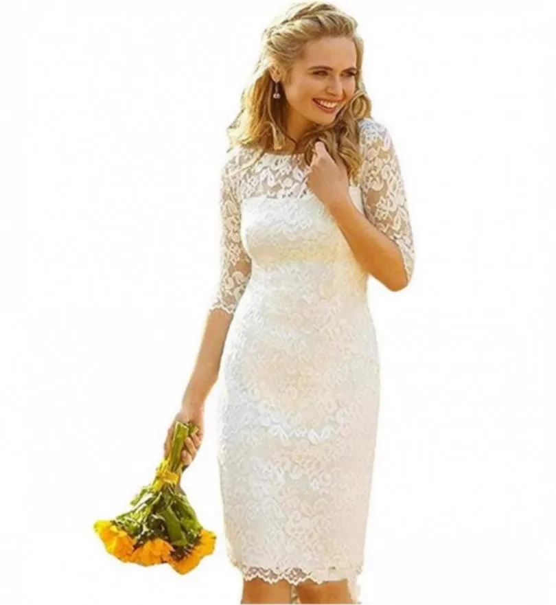 2026 Abiti da sposa corti da donna classici O-Collo con maniche a tubino con lacci Abiti da festa da sposa Abiti da Noiva