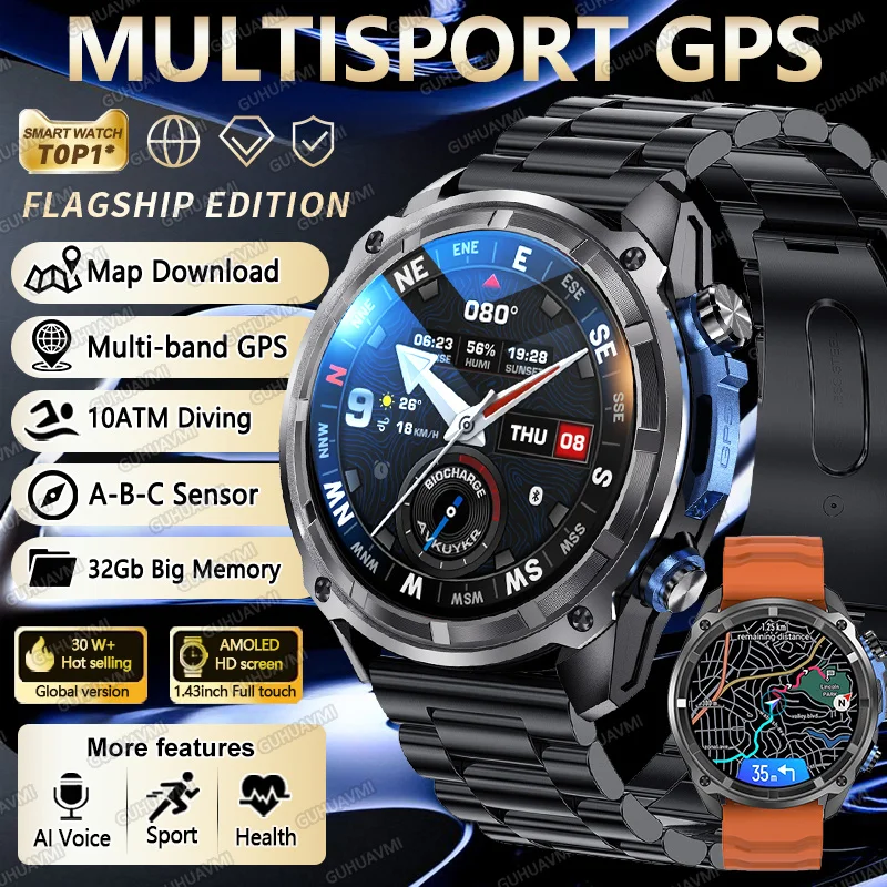 

2026 Новые умные часы Multisport с GPS, автономная загрузка TopoMap, 32 ГБ памяти, аккумулятор 860 мАч, датчик ABC, 10 АТМ, умные часы уровня дайвинга