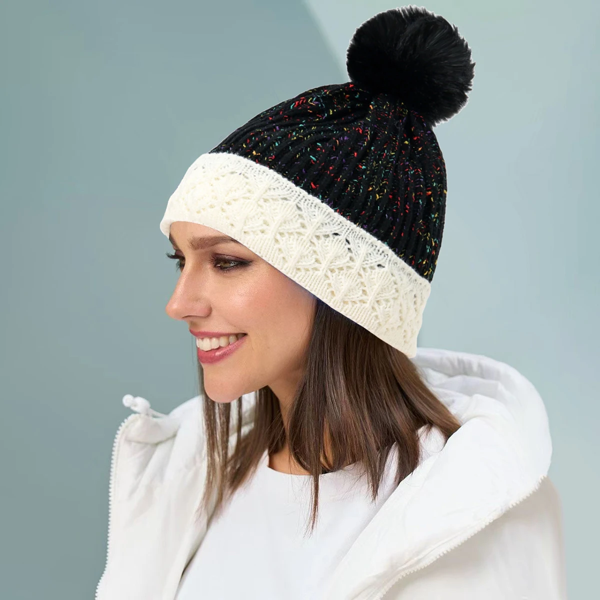 New Fashion Women's Winter Retro Warm Wool Hat Lace Thickened Student Wool Ball Knitted Hat Hollow Splicing Beanies Caps